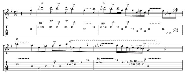 Play blues guitar like Stevie Ray Vaughan Example 2: Here's another take over the same backing, again using the G blues scale, but in a higher position. As with Example 1, there are lots of quarter-tone bends and a Hendrix-style wide vibrato - not easy on the heavy .012 gauge strings Stevie liked to use. Exaggerate the staccato notes and really let rip on the slides in bar 2.